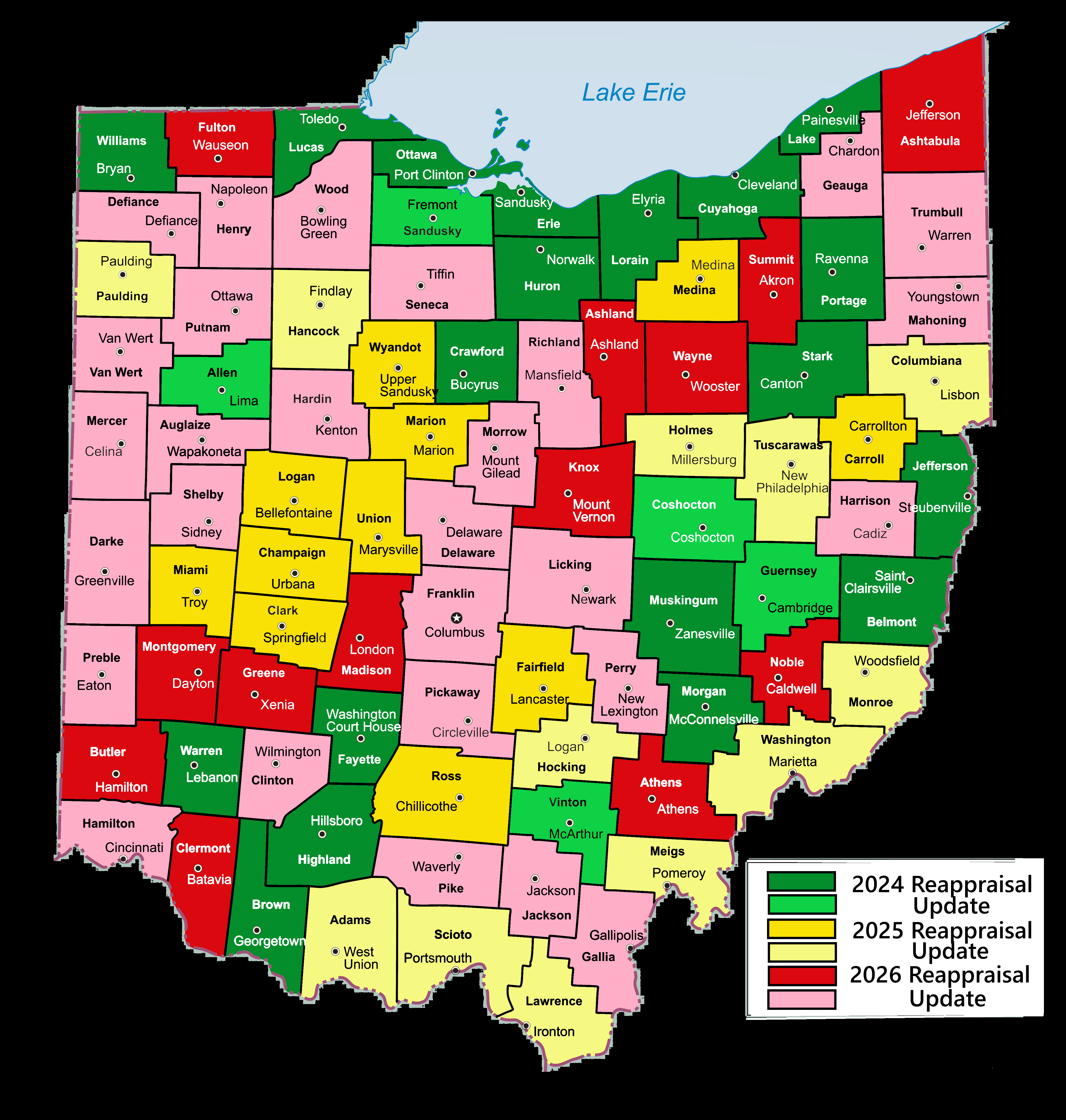 Counties w county seat Coded a map of Ohio with each county color coded by the 3 year cycle property taxes are evaluated either by reappraisal or update