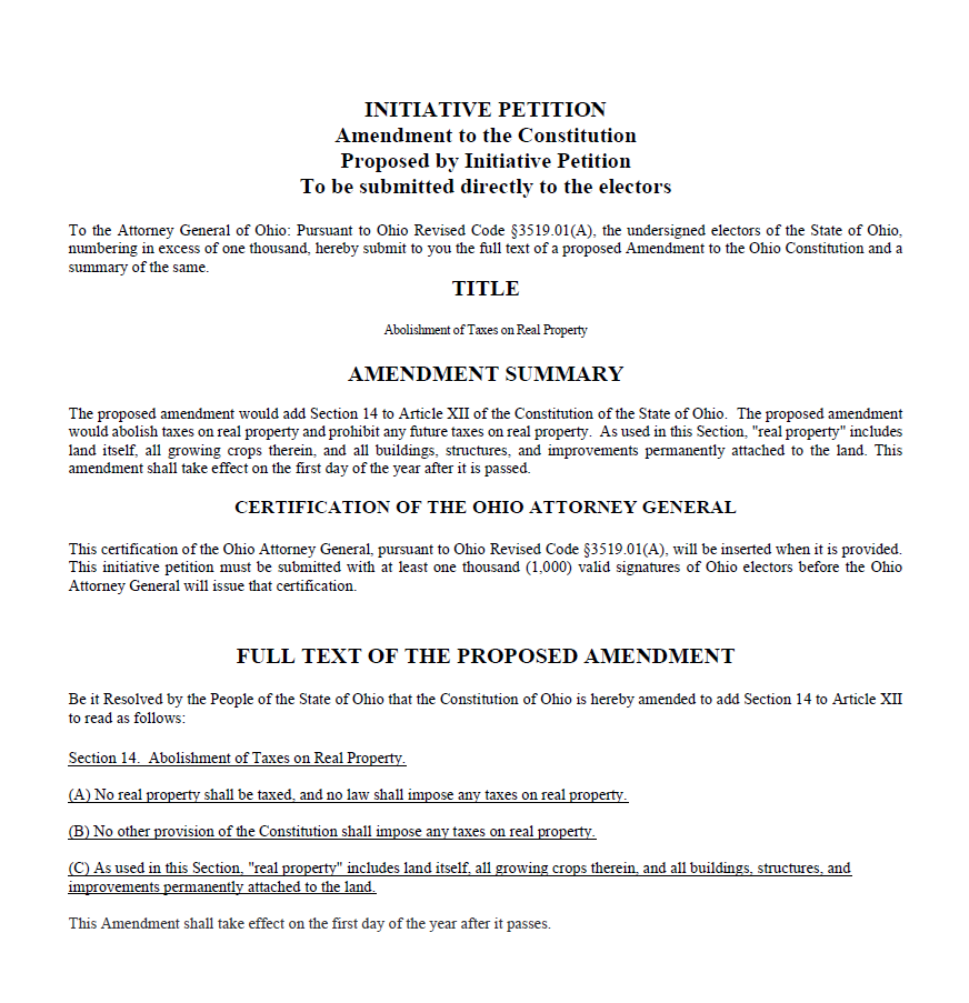 petition Ending Property Taxes in Ohio through a vote by the people