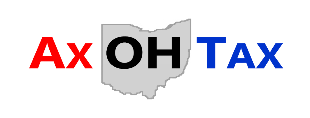 The shape of Ohio with the title Ax OH Tax in Read Black and Blue read axe Ohio tax