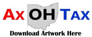 The shape of Ohio with the title Ax OH Tax in Read Black and Blue read axe Ohio tax